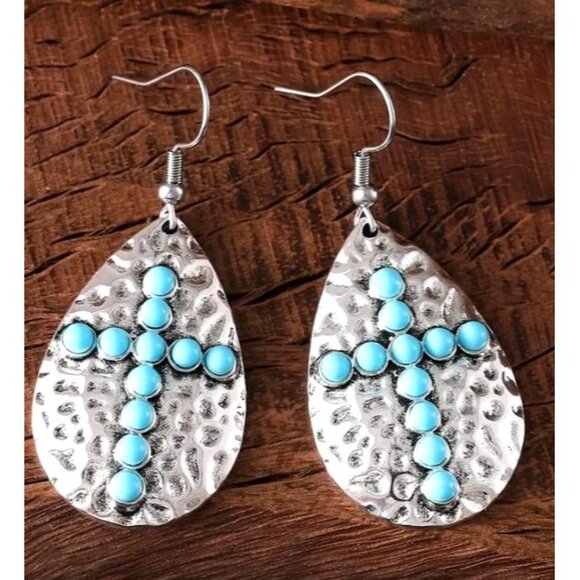 Handcrafted‎ Silver Teardrop Cross Earrings With Turquoise Accents NEW - Picture 2 of 3